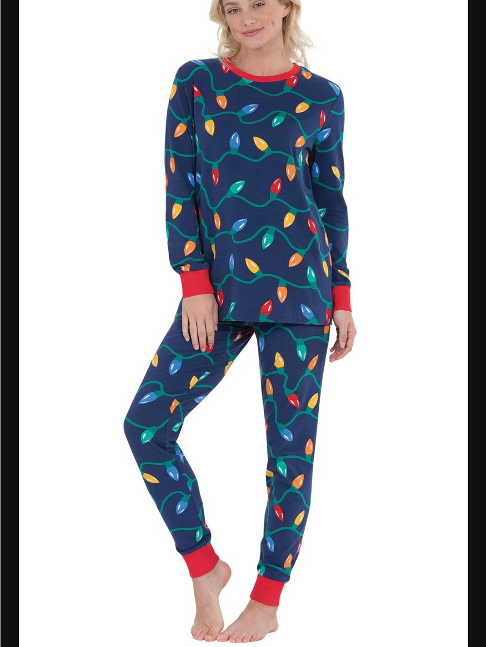 Navy Blue Holiday Light-Print Pajama Set with Red Trim
